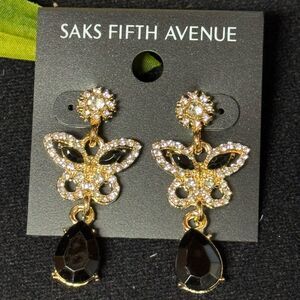 Exquisite Saks Fifth Avenue Butterfly Black Crystal Dangle Statement Earr 1.75in